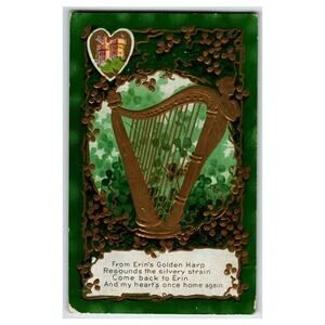 Vintage St. Patrick's Day Embossed Harp Postcard Divided Back 1914